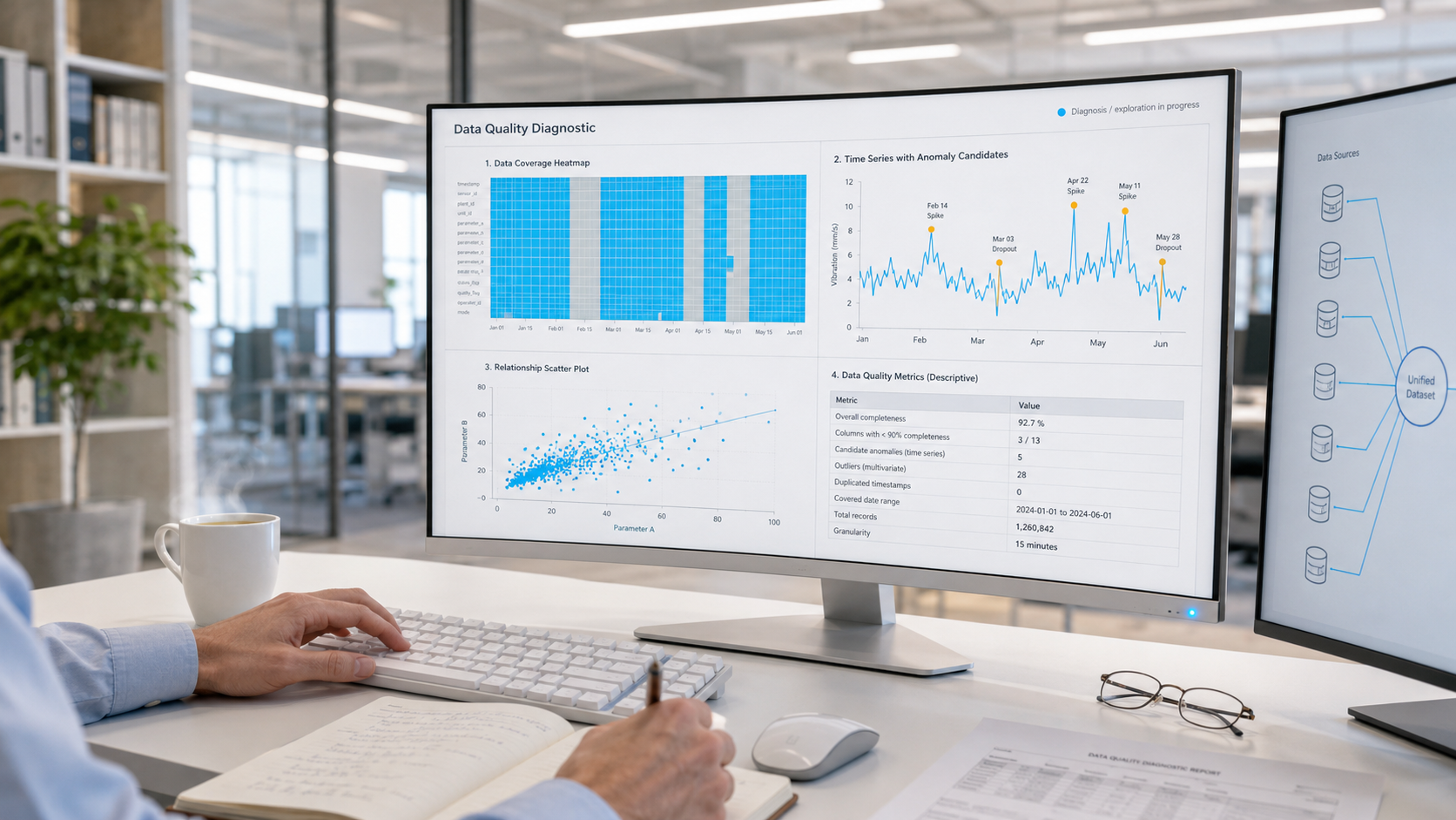 Analysis desk with a data-quality dashboard and identified gaps.