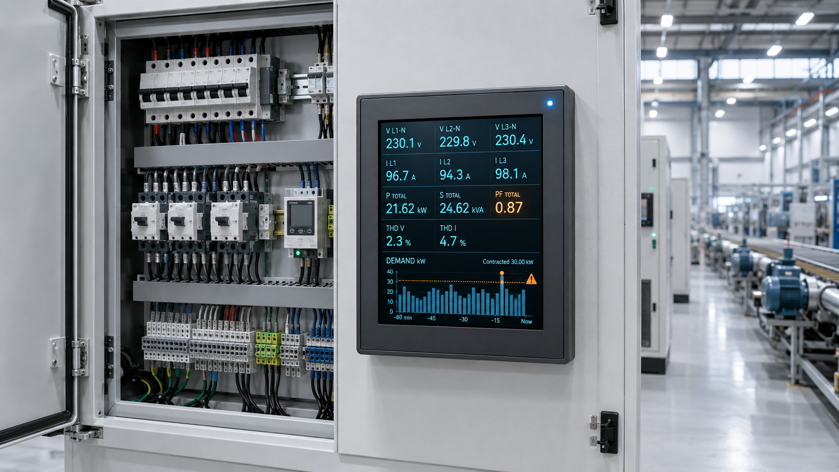 Analizador de red eléctrica con pico de demanda detectado en tablero industrial.