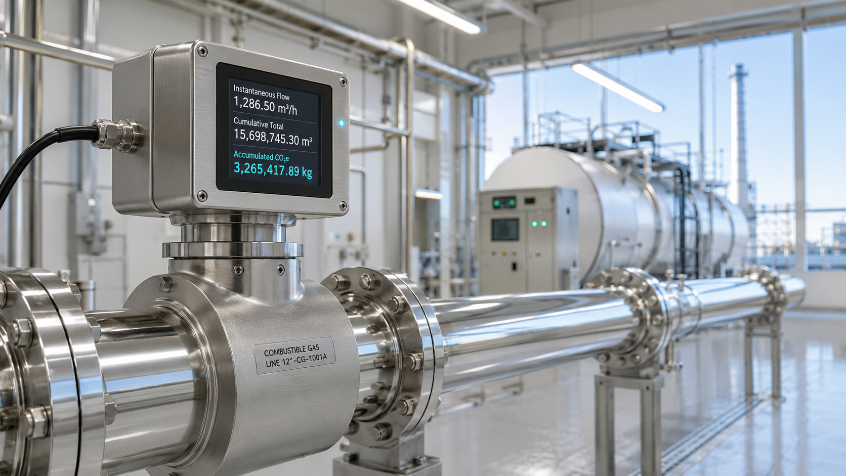 Medidor de flujo Coriolis con totalizador y equivalente acumulado de CO2 en línea industrial.