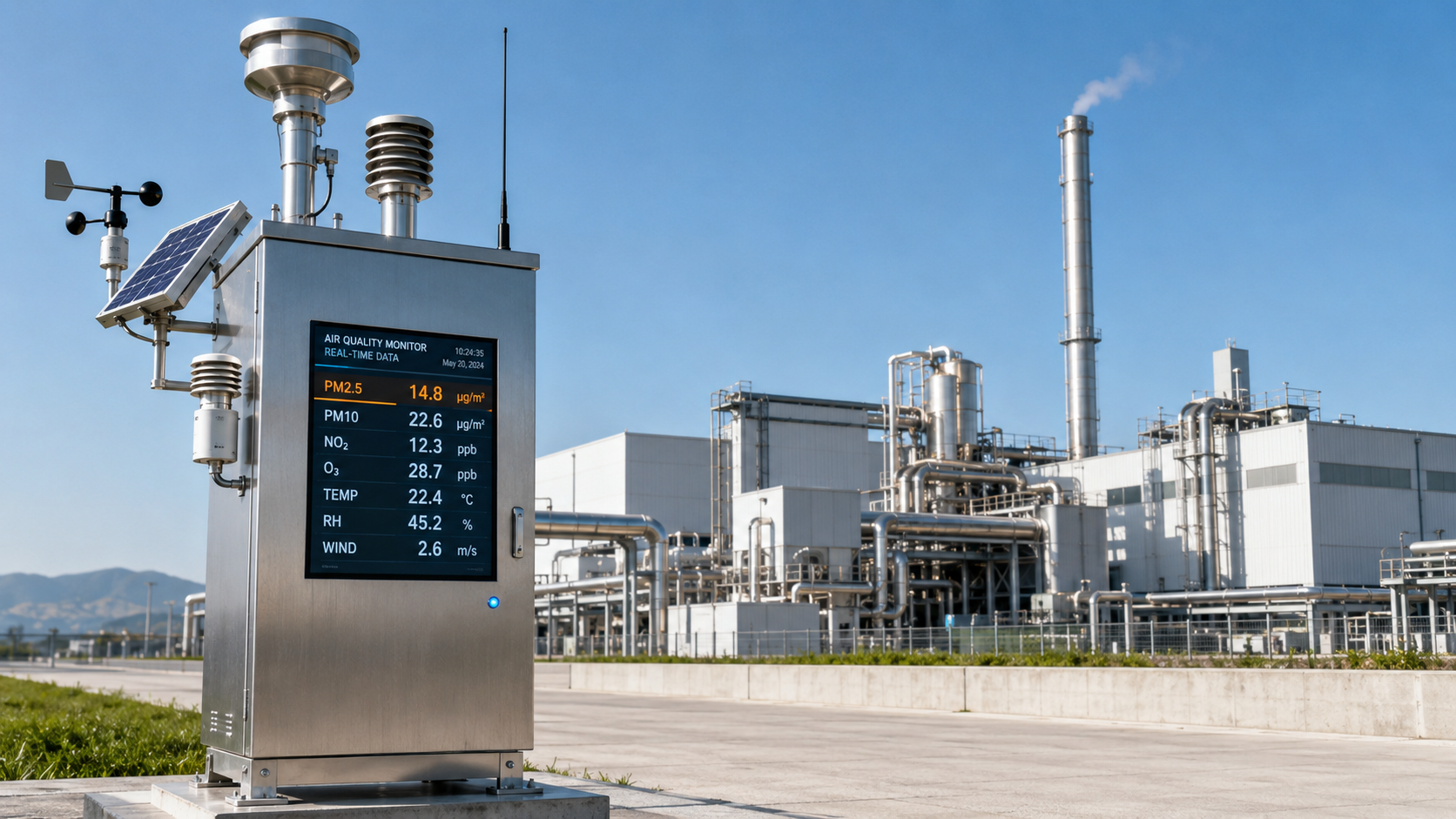 Estación de monitoreo ambiental midiendo calidad del aire al perímetro de planta industrial.