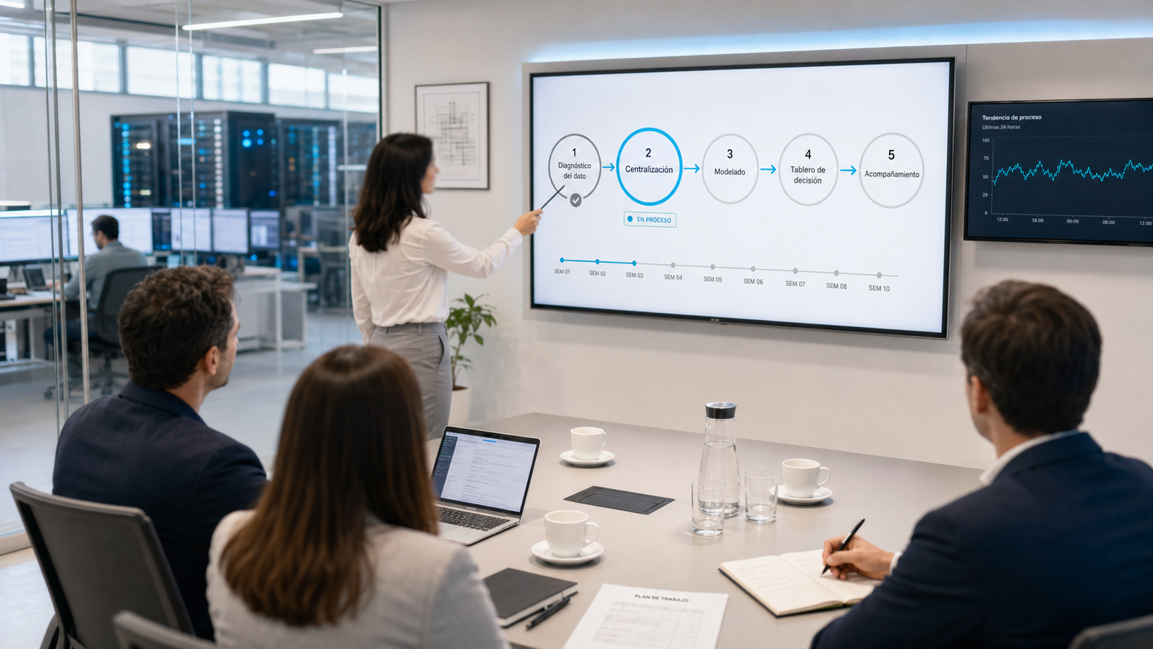 Meeting room with a diagram of the five phases of the work process.