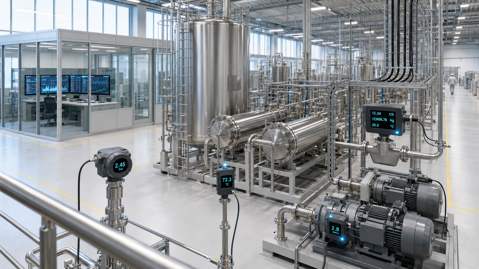 Elevated view of a modern industrial plant with visible instrumentation in operation.