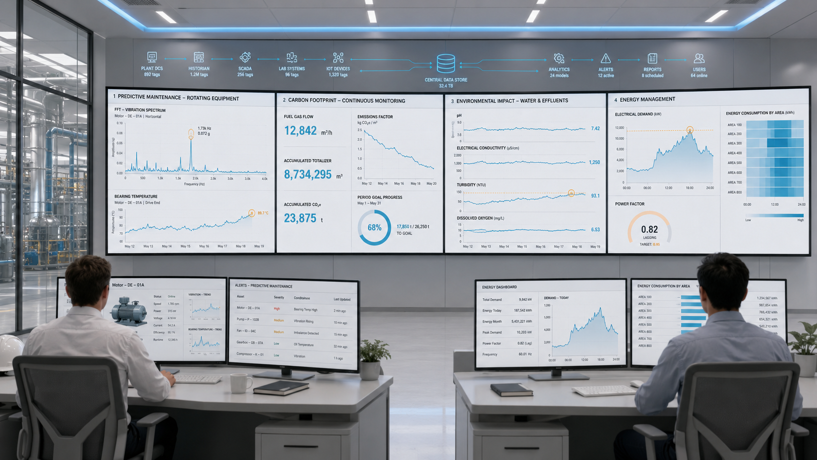 Sala de control con cuatro tableros simultáneos de mantenimiento, carbono, vertimientos y energía.