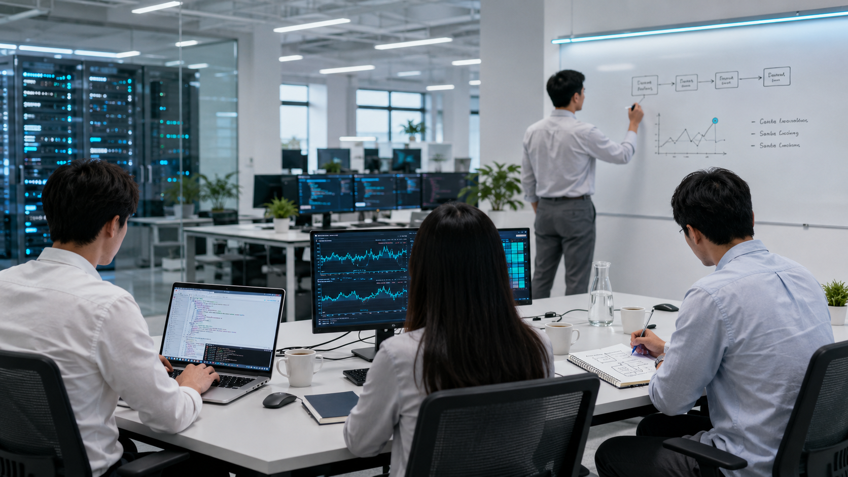 Equipo trabajando en oficina técnica colaborativa frente a portátiles y pizarra de diseño.